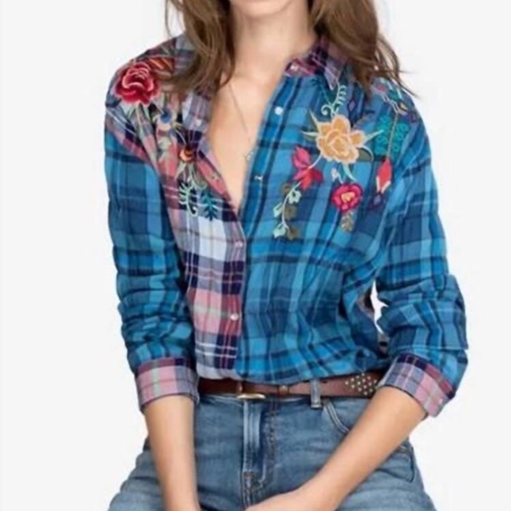 Johnny Was Pink and Blue Plaid Embroidered Eliona snap Button-Up Top - Picture 3 of 16